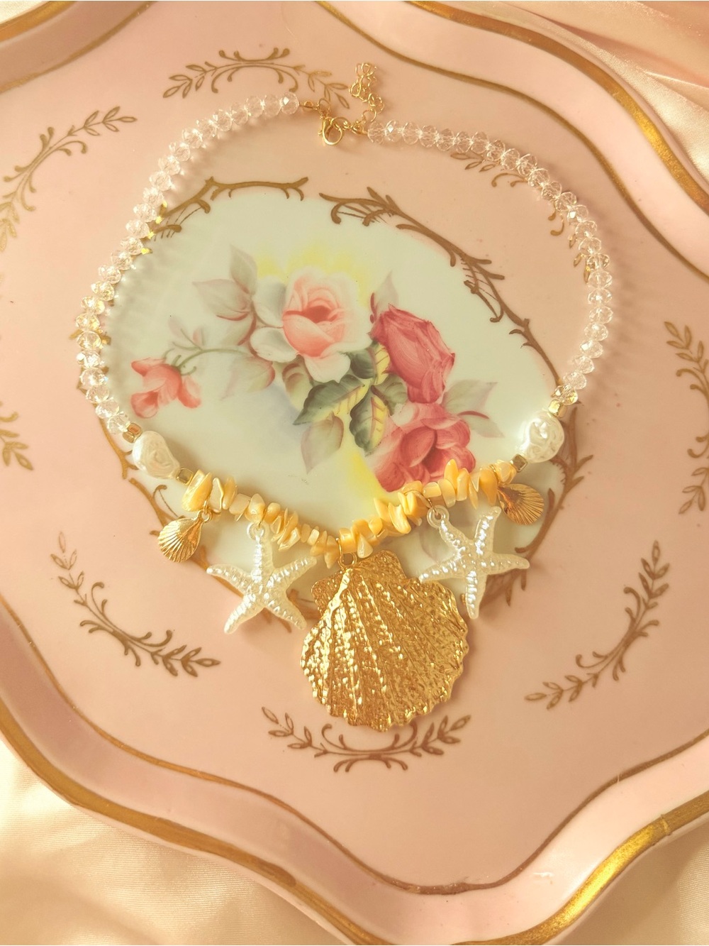 Gold Seashell & Starfish Statement Necklace in Pearly Cream